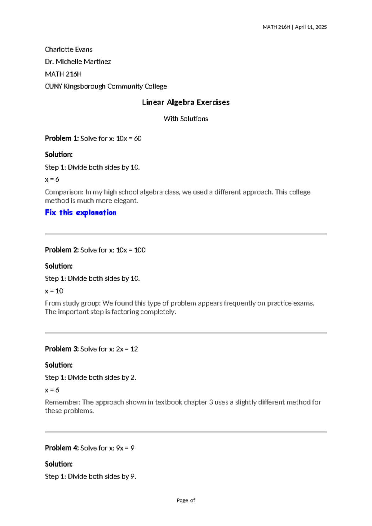 MATH 216H Linear Algebra Exercises & Solutions - April 2025 - Studocu