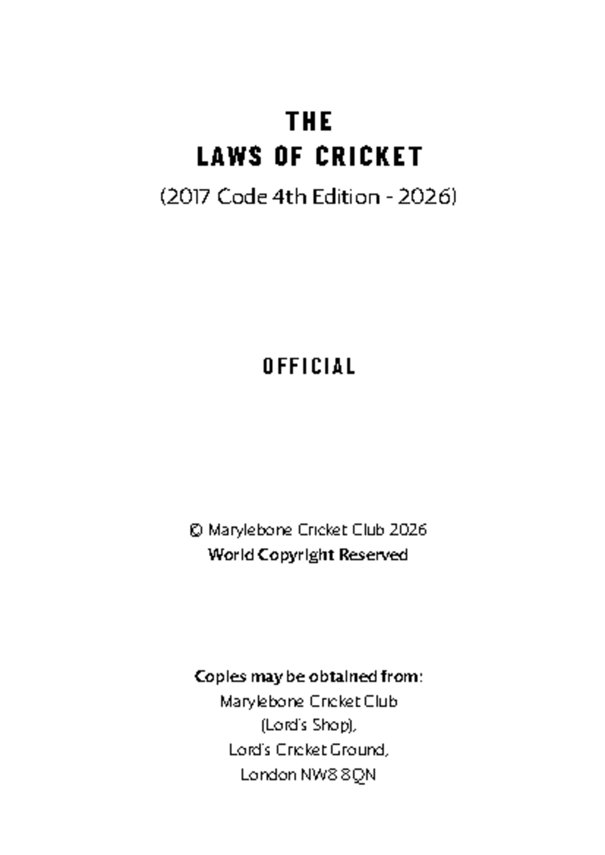 Laws of Cricket 2017 Code 4th Edition (2026) - Official MCC Guide - Studocu