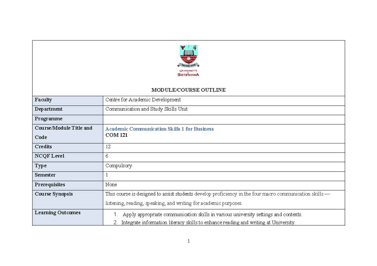 COM 121 Course Outline: Academic Communication Skills 1 for Business ...