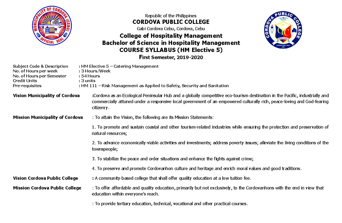 HM Elective 5: Catering Management Course Syllabus and Objectives - Studocu