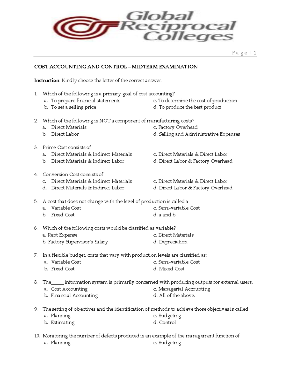 Midterm Exam GRC COST ACCOUNTING AND CONTROL - Studocu