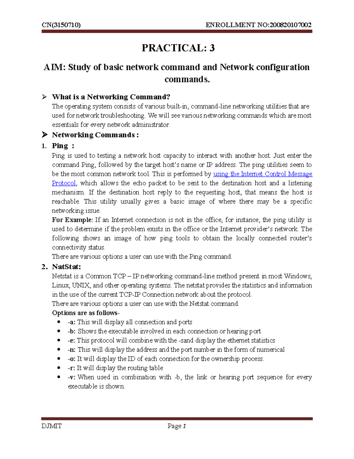 Gtu Cn P 3 Practical Study On Basic Networking Commands Studocu
