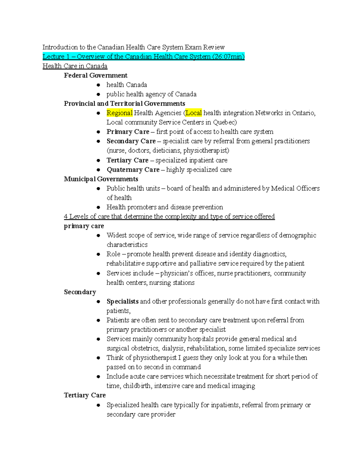 Canadian Health Care System (CHCS) Exam Review Notes - Lectures 1-4 ...