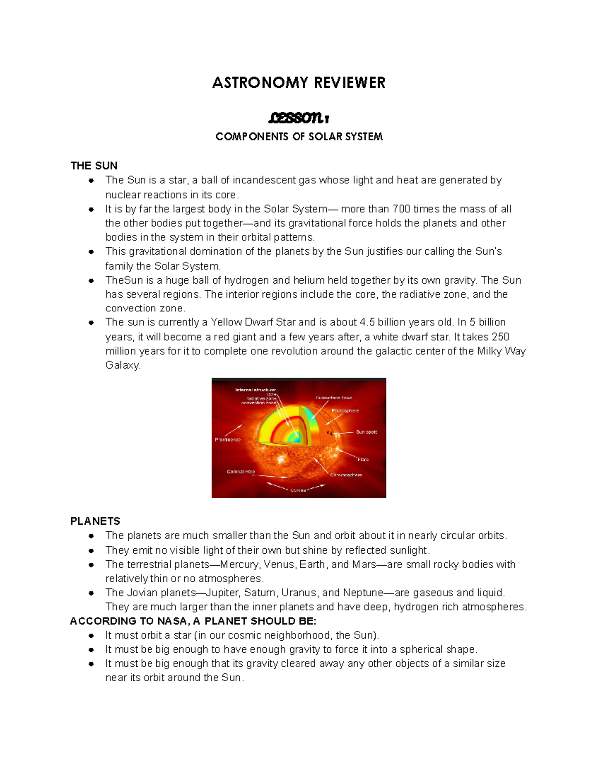 Astronomy ASTR101: Comprehensive Lesson Notes on the Solar System - Studocu