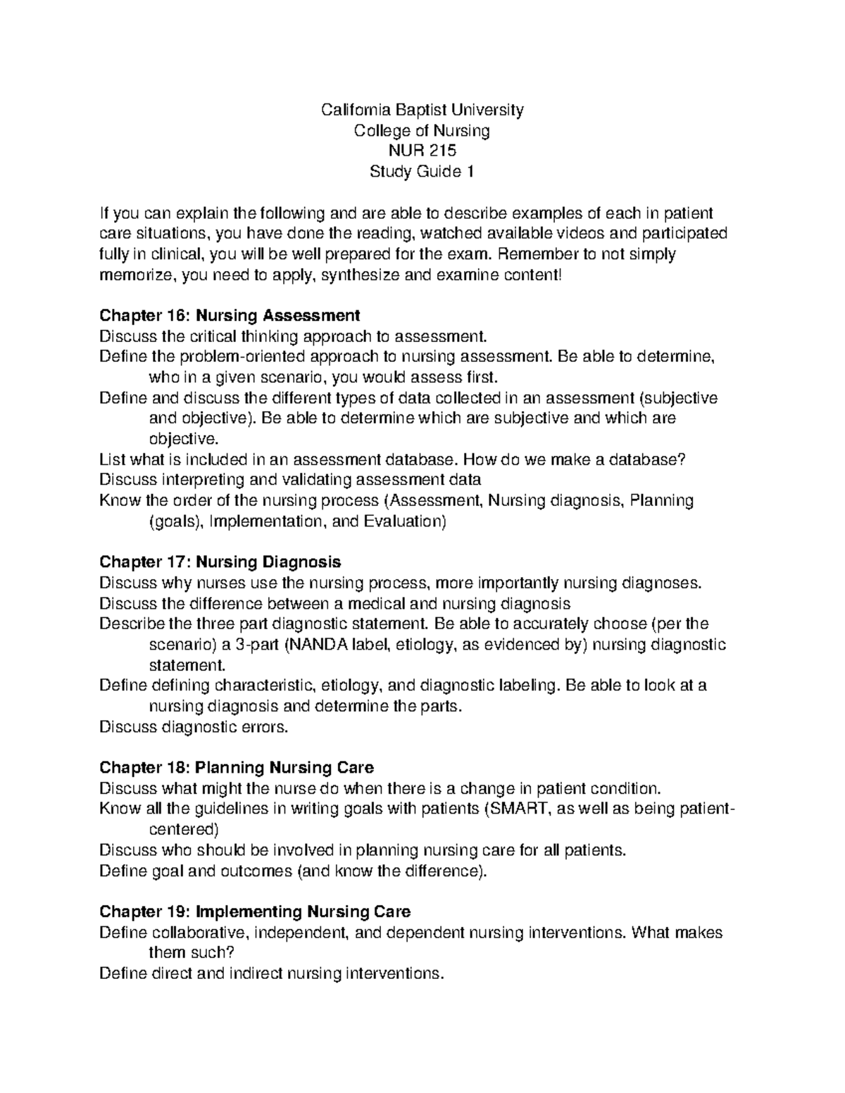NUR 215 Study Guide 1 - Preparation for Exam 1 on Nursing Concepts ...