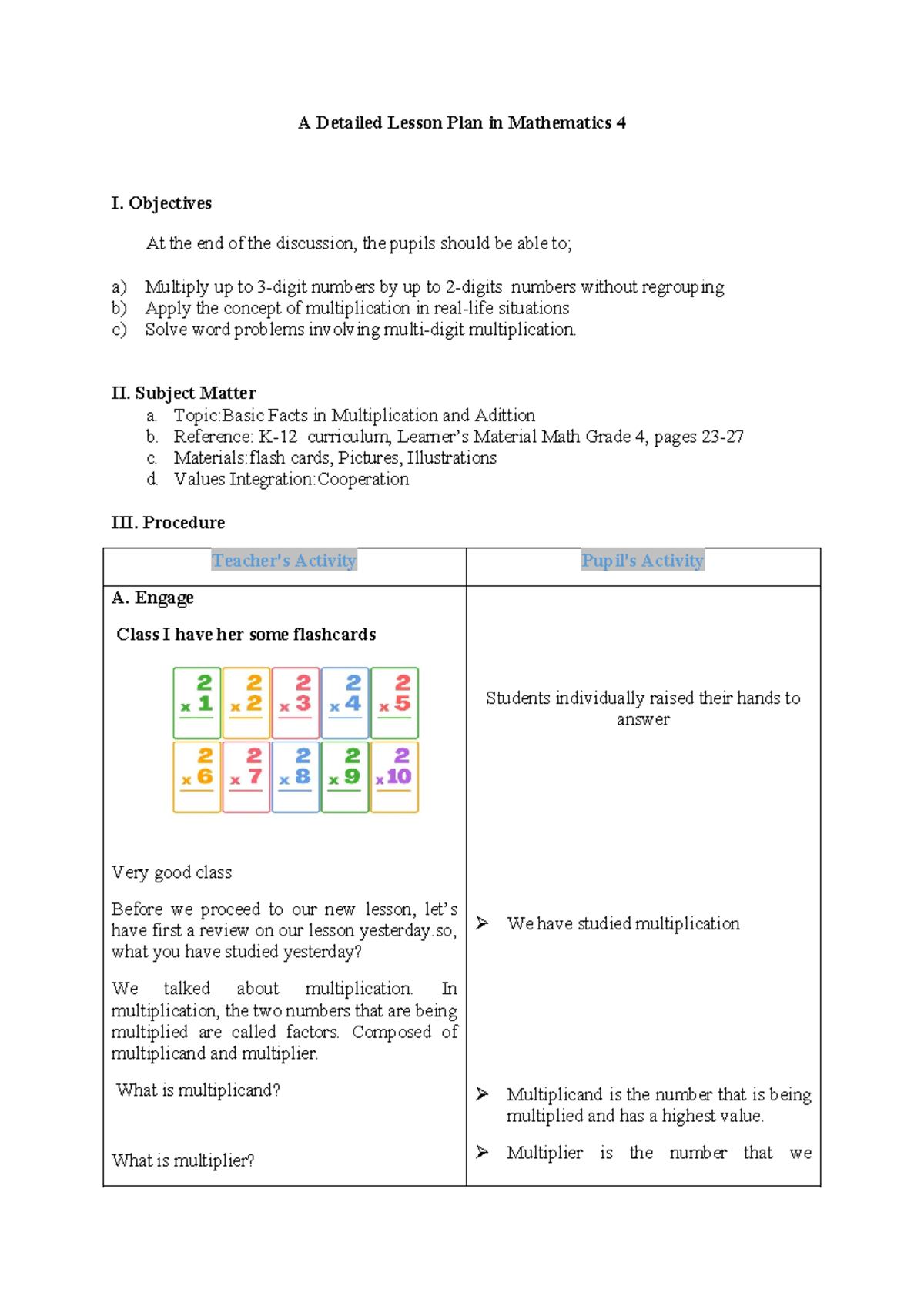 Detailed Lesson Plan: Multiplication & Real-Life Applications (MSTH 4 ...