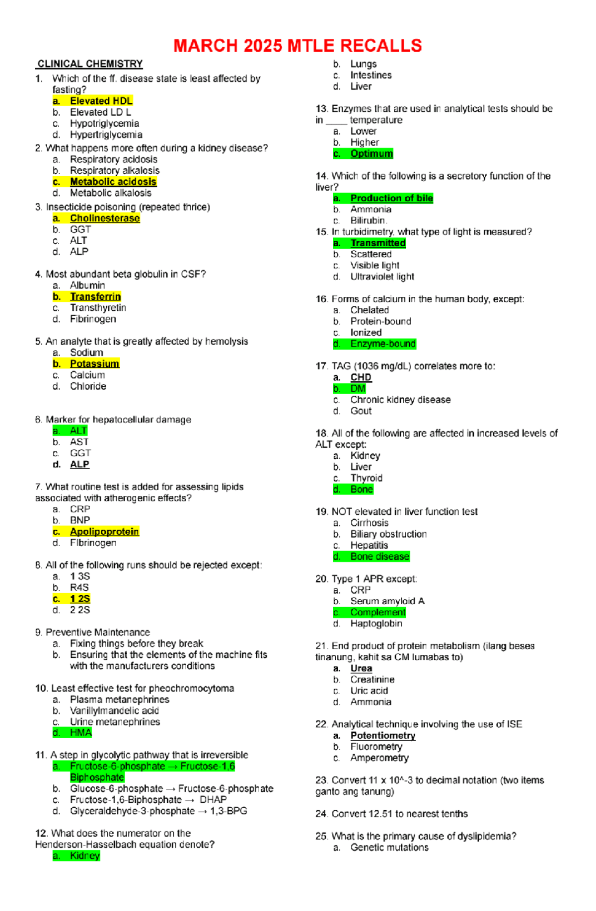 MARCH 2025 MTLE RECALLS: Clinical Chemistry & Microbiology Review - Studocu