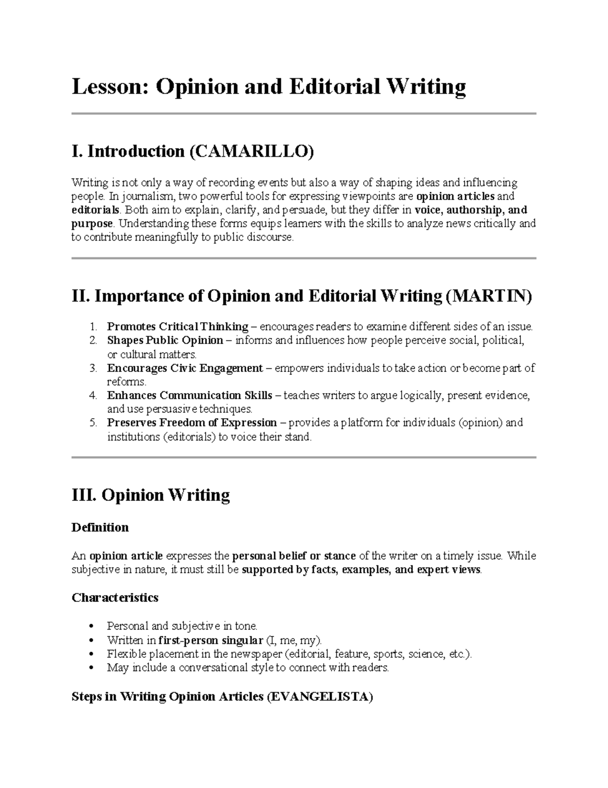 Lesson: Opinion and Editorial Writing I (CAMARILLO) - Studocu
