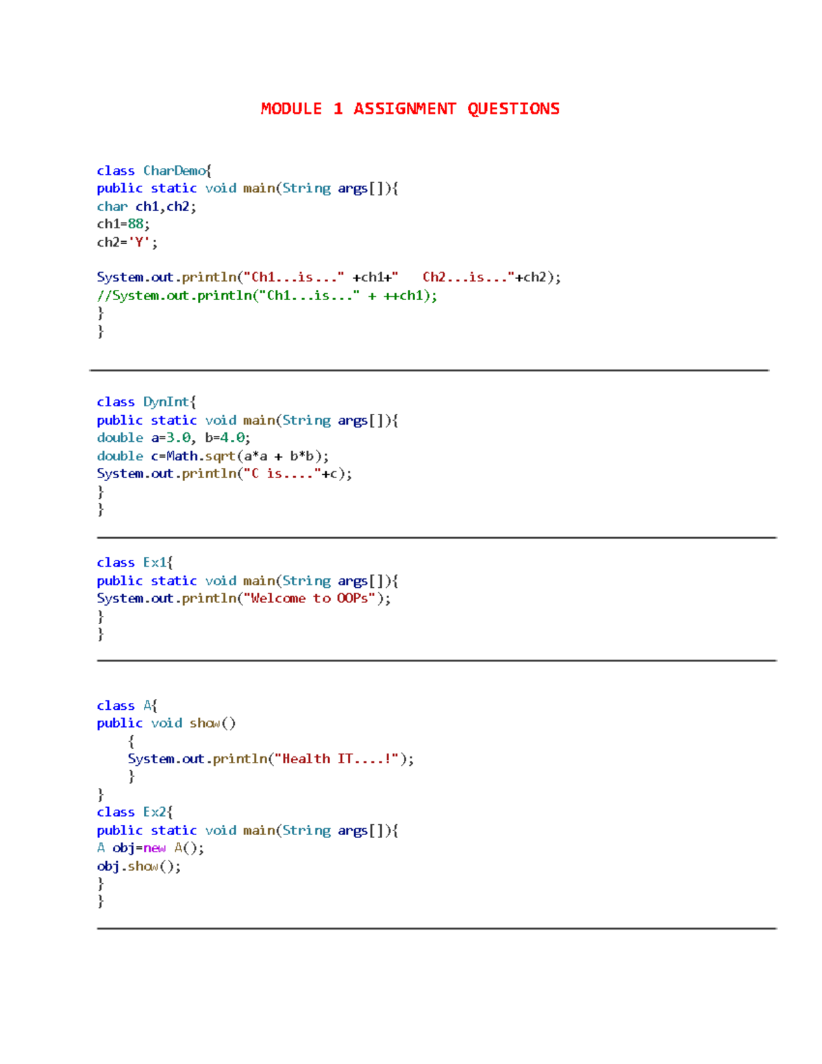 M1 Assignment Questions: Java Class Structures and Control Flow - Studocu