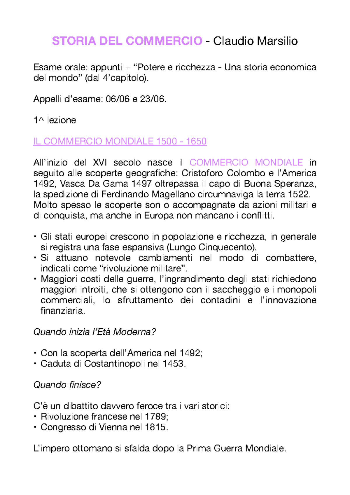STORIA DEL COMMERCIO (1500-1650): Appunti per Esame Orale di Claudio Marsilio - Document Preview