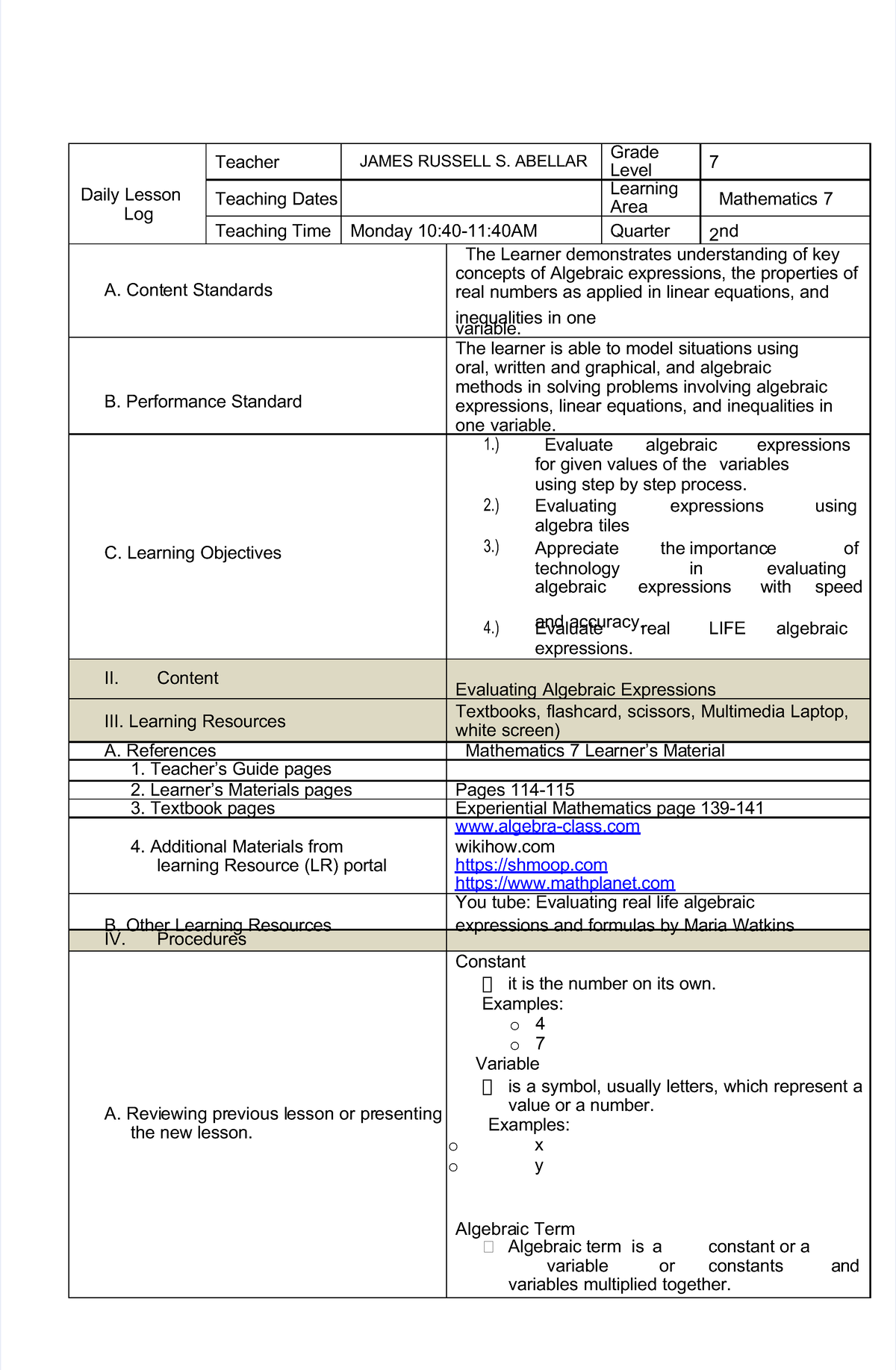 Evaluating Algebraic Expressions - G7 Mathematics Class Q2 Lesson Plan ...