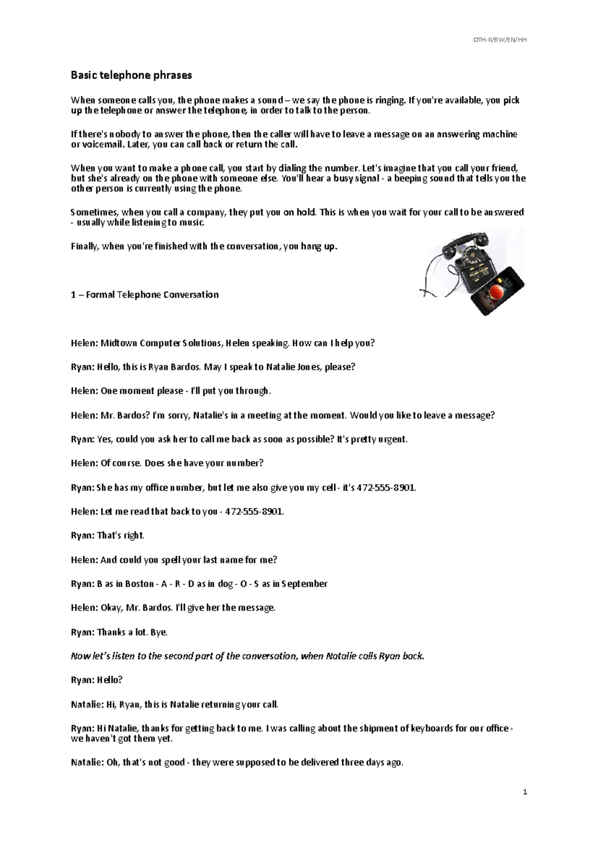 Basic Telephone Phrases & Conversations for ESL Learners - Studocu