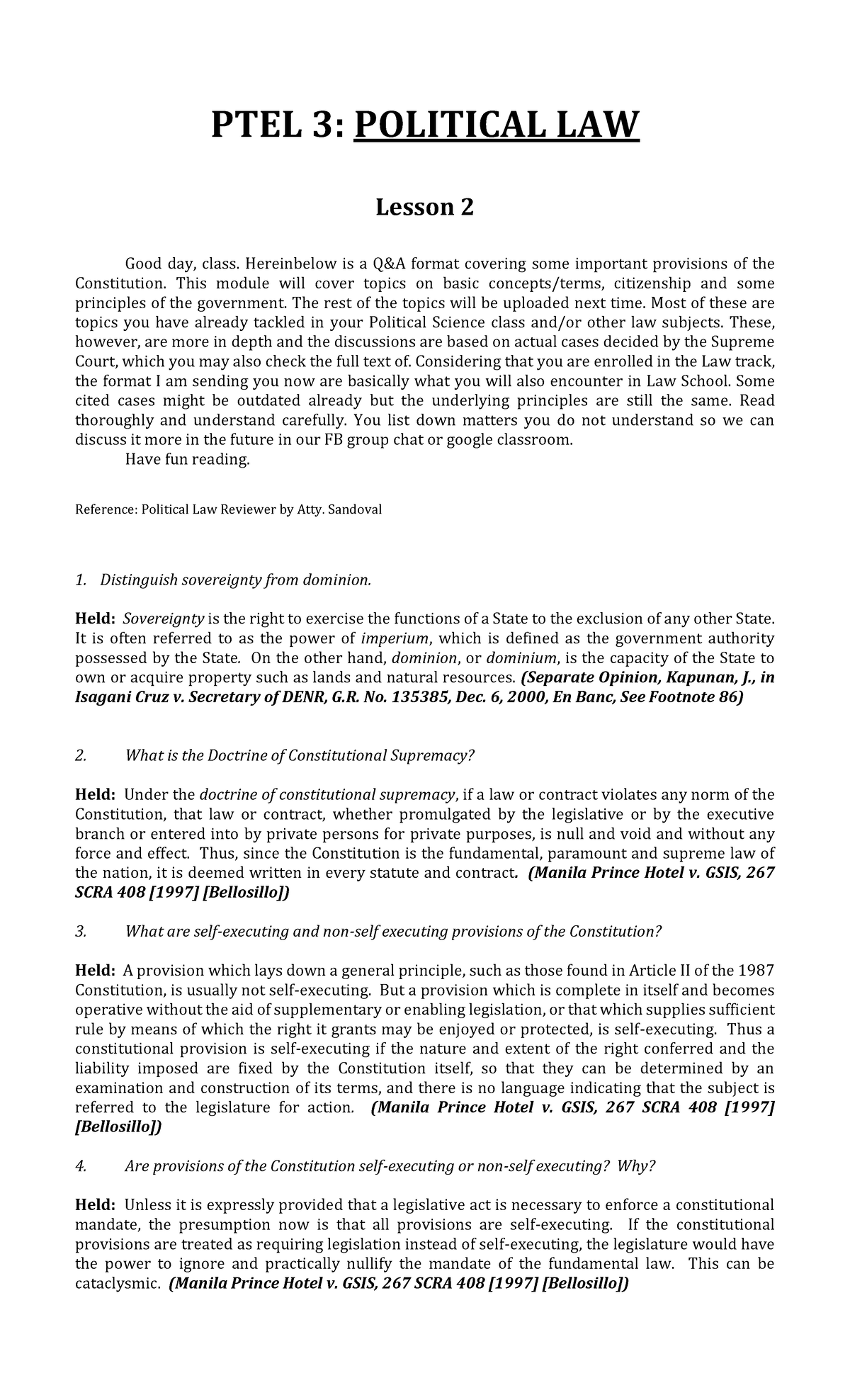 PTEL 3: POLITICAL LAW Lesson 2 - Key Constitutional Provisions - Studocu