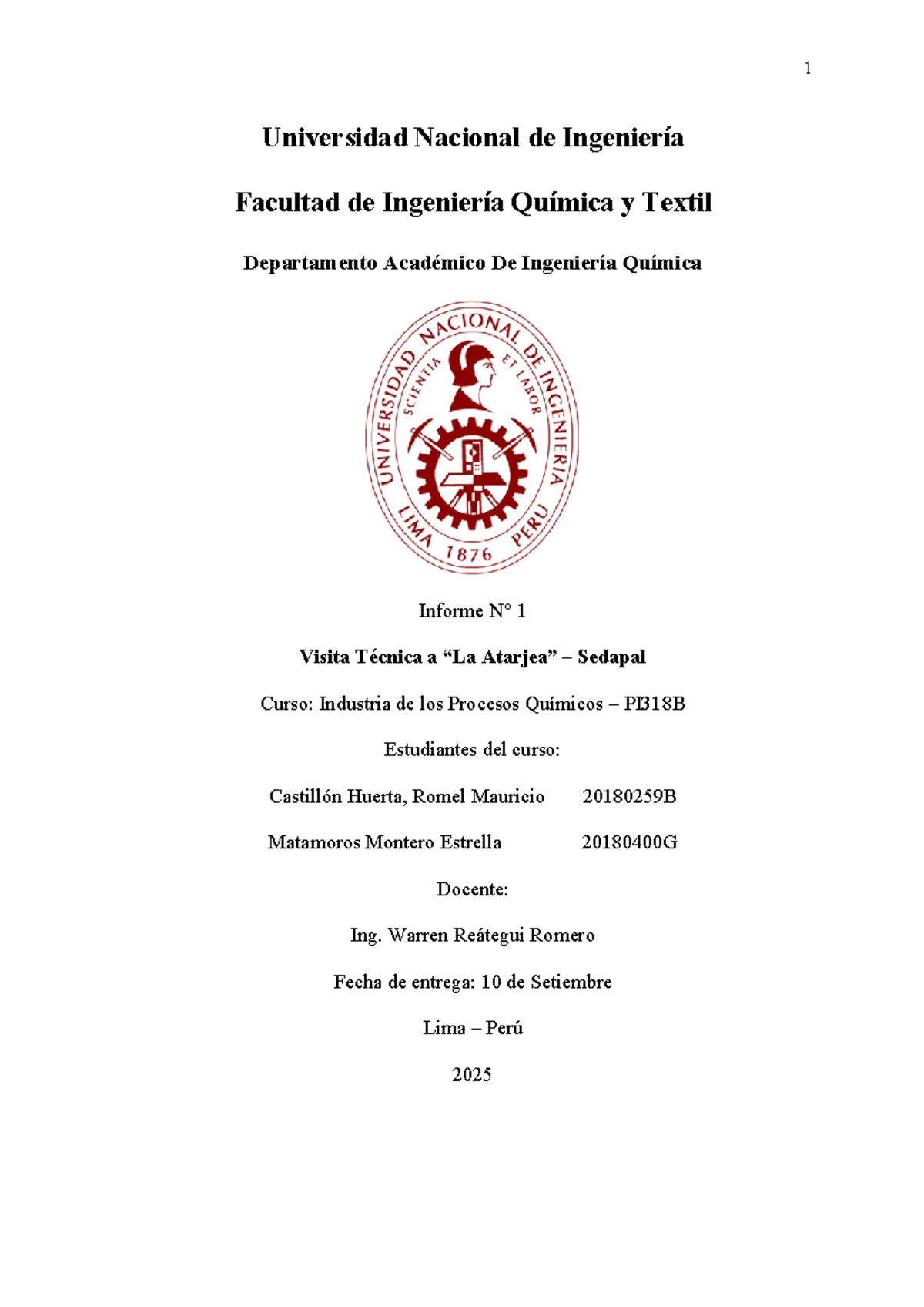 Informe 1: Visita Técnica a SEDAPAL - Planta La Atarjea (PI318B) - Document Preview