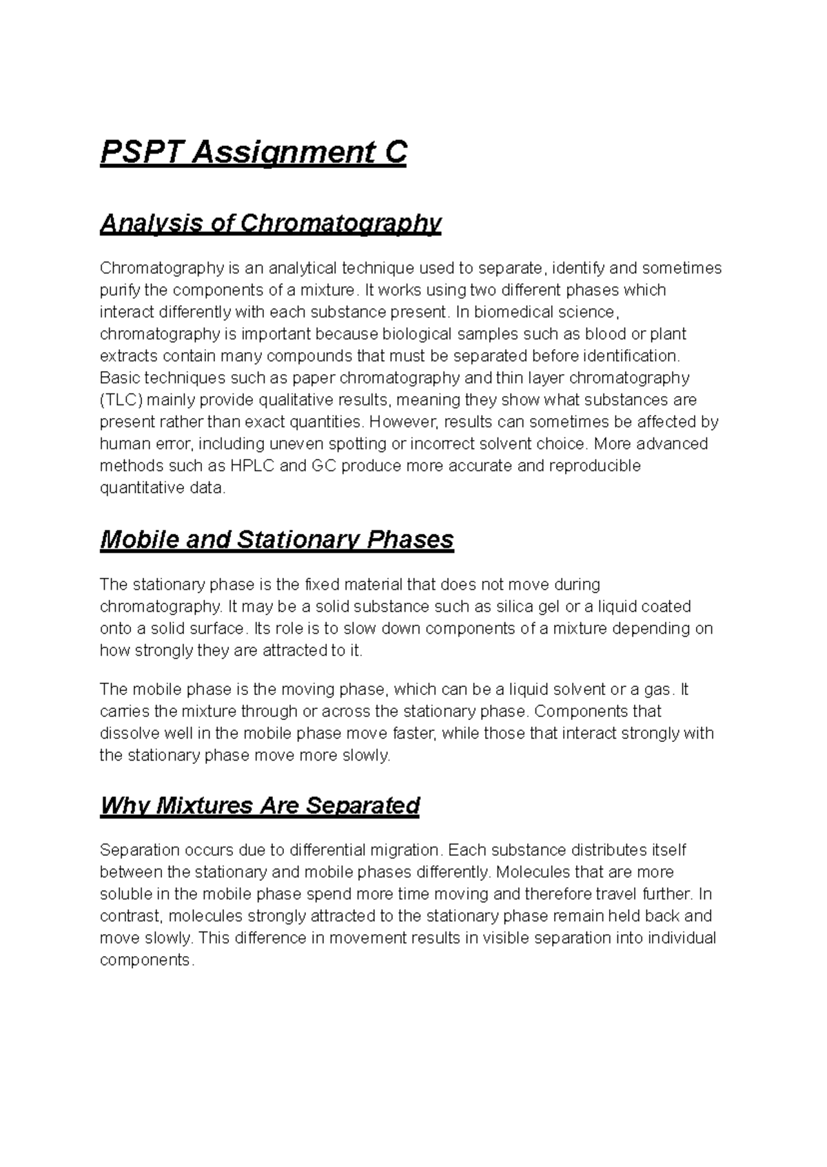 PSPT Assignment C: Analysis of Chromatography Techniques - Studocu