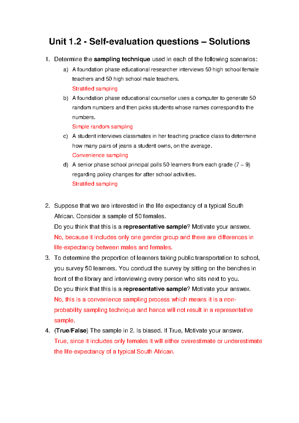 SEQ - Unit 1.2 - Solutions to Self-Evaluation Questions - Studocu