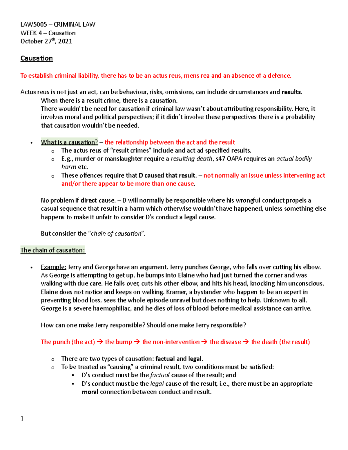 (Crim) Week 4 - Understanding Causation in Criminal Law - Studocu