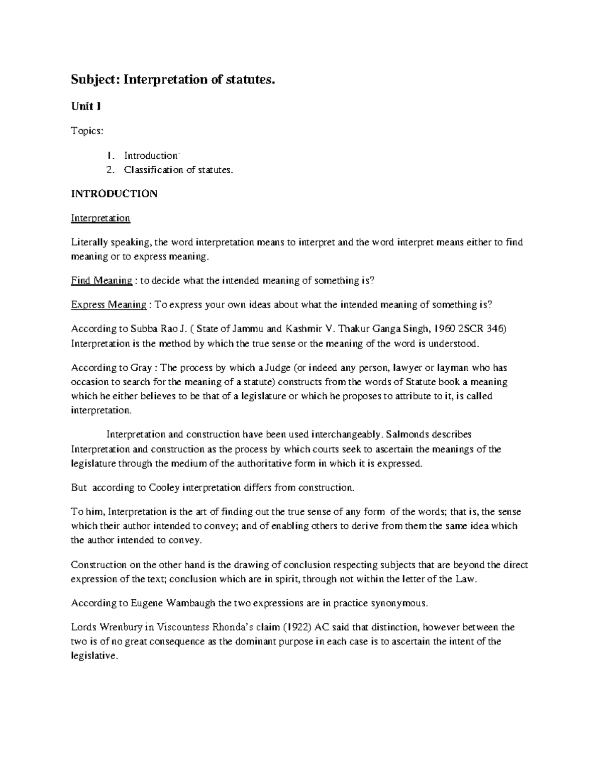 Interpretation of Statutes: Unit I Overview and Key Concepts - Studocu