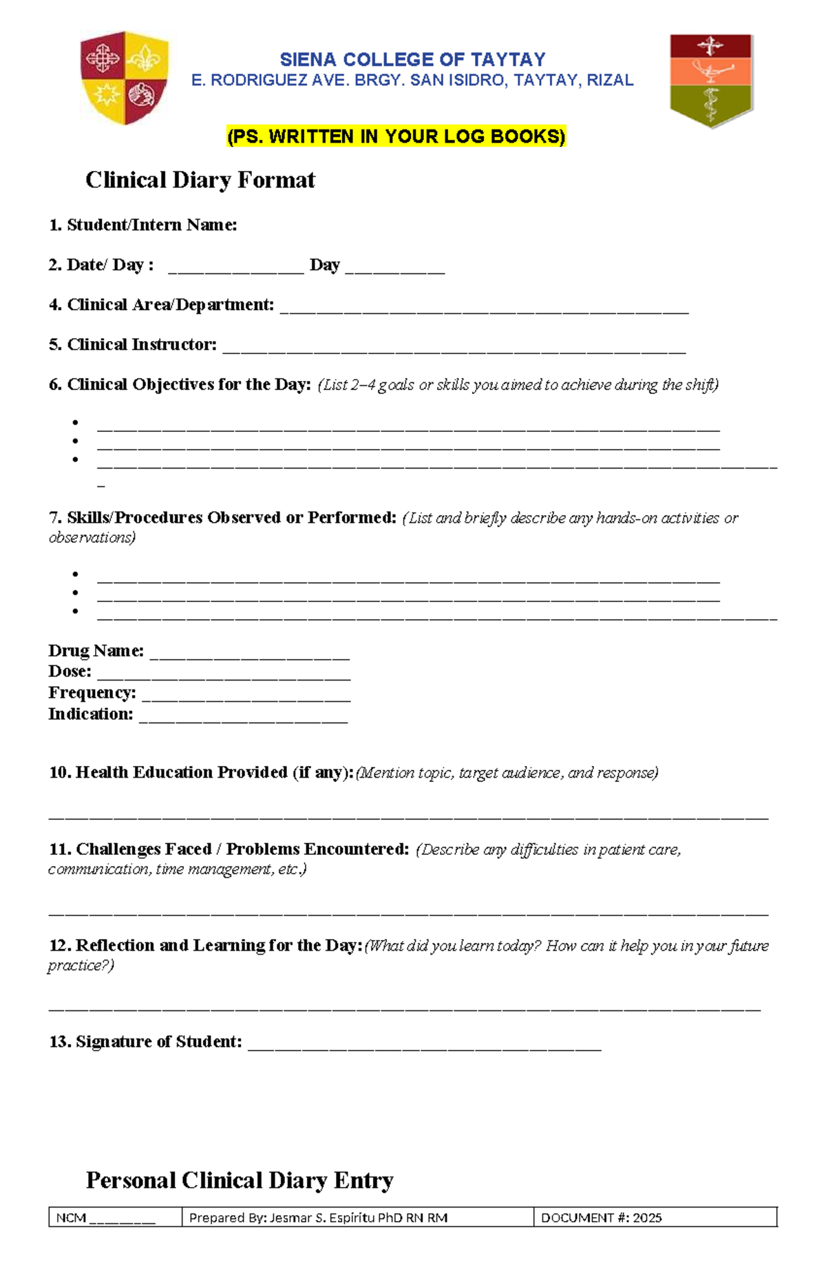 Clinical Diary Entry Format for NCM 2025 - Studocu
