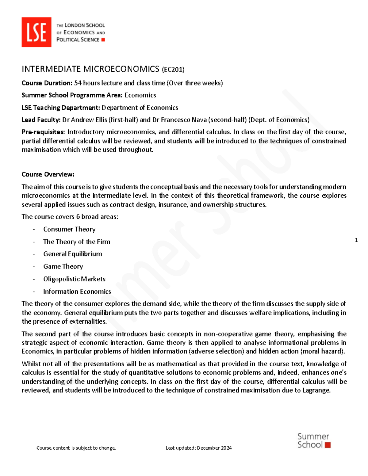 EC201 Intermediate Microeconomics Course Outline for Summer 2025 - Studocu