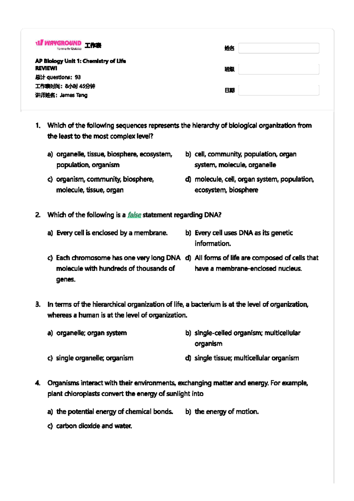 AP Biology Unit 1: Chemistry of Life Quiz Review and Questions - Studocu