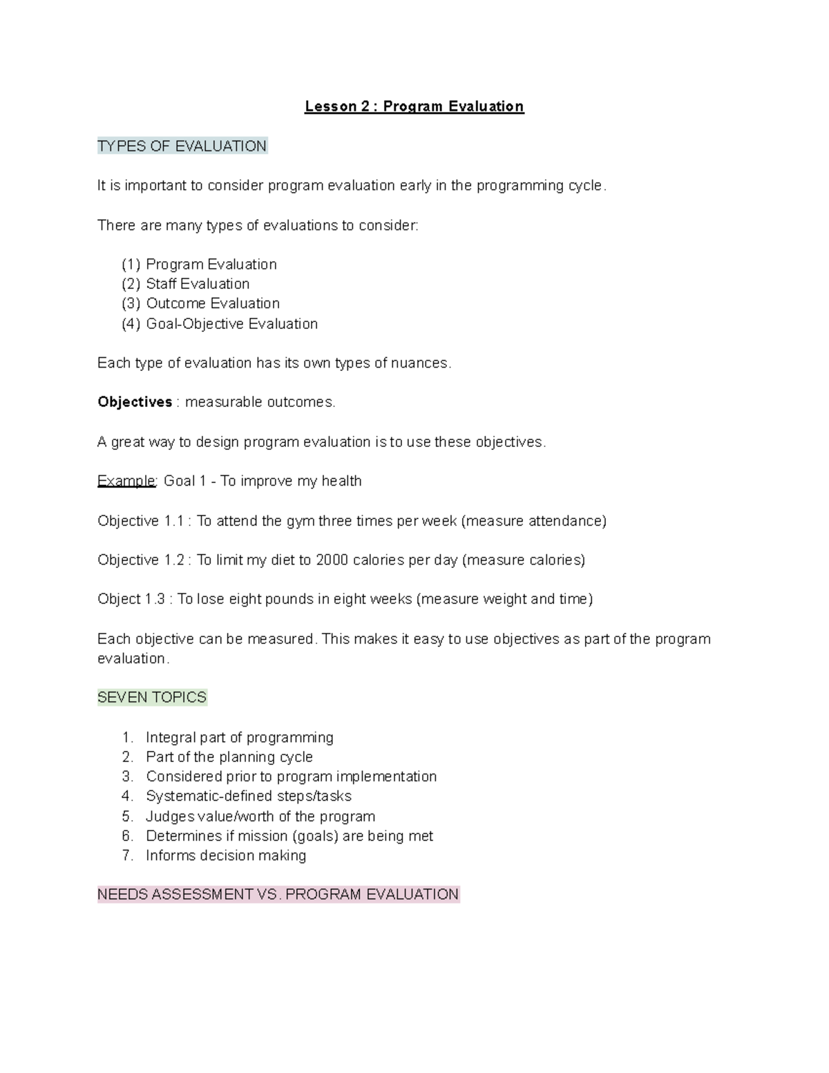 Lesson 2: Evaluating Program Success and Effectiveness - Studocu