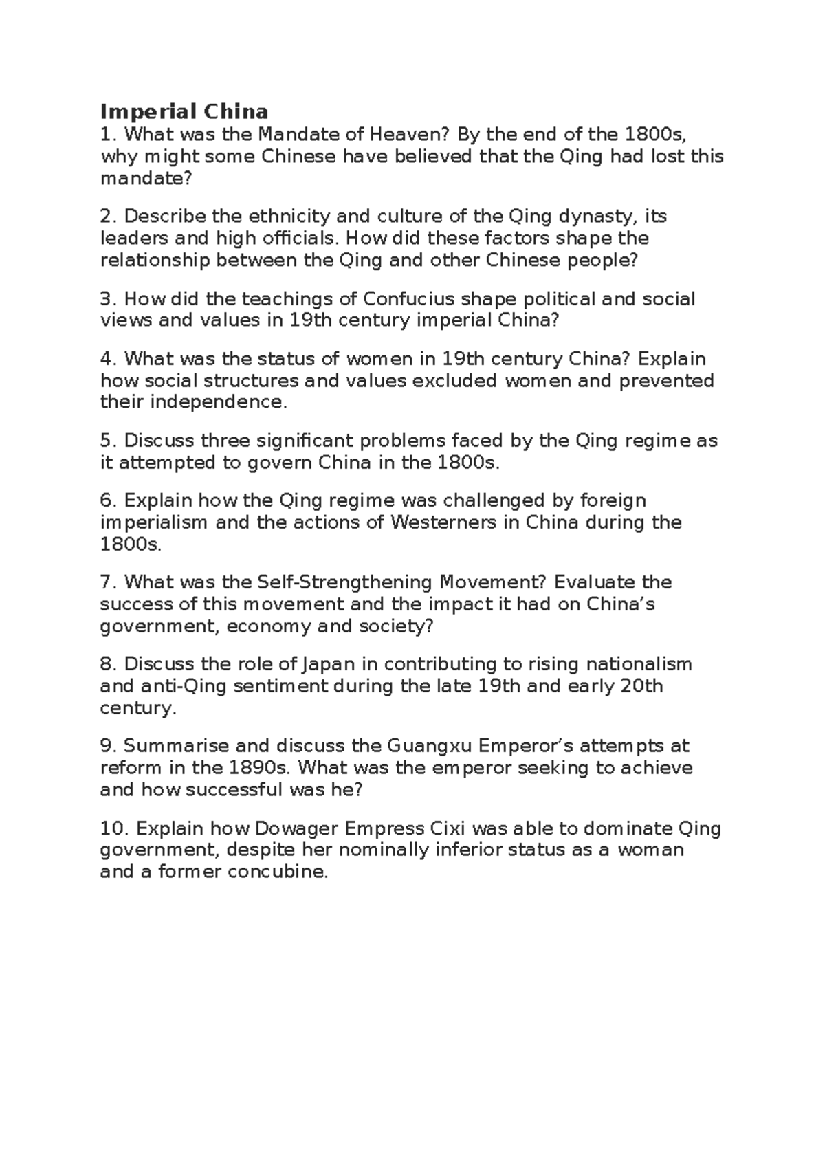 Imperial China History Quiz Questions for Practice (Course Code: 000 ...