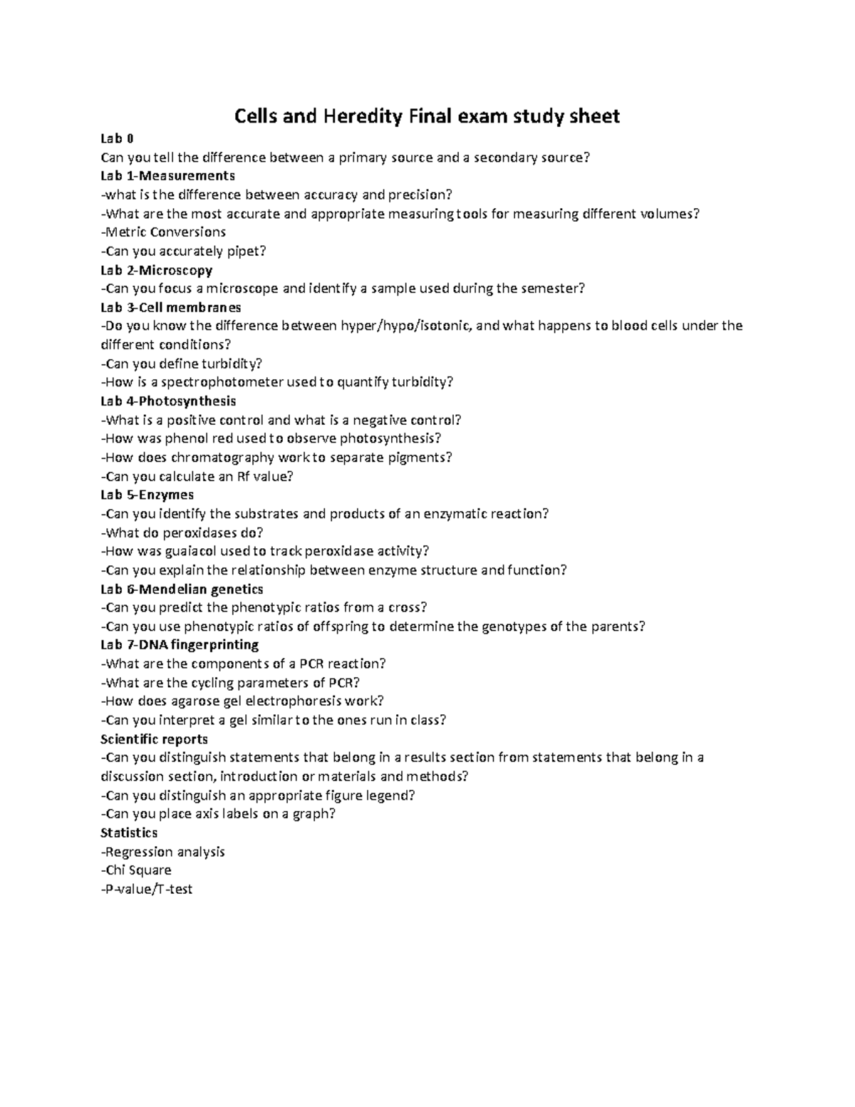 Cells and Heredity (BIO 101) Final Exam Study Sheet - Studocu