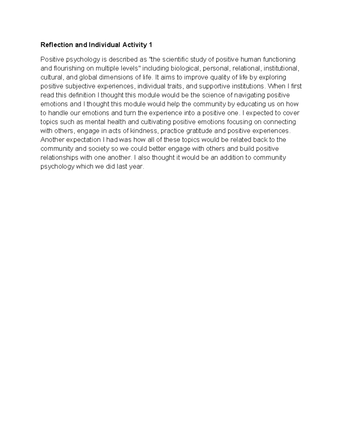 Reflection on Positive Psychology: Individual Activity 1 - Studocu