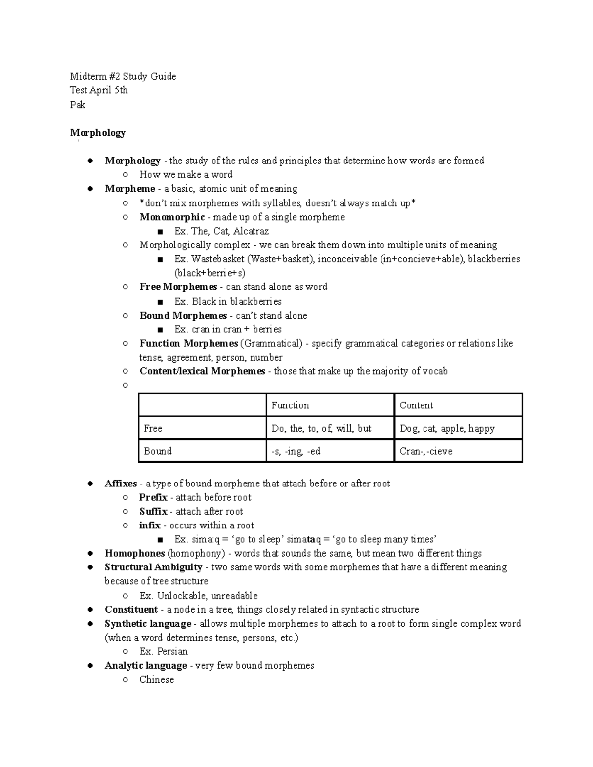 Morphology, Syntax and Typology Study Guide - Midterm #2 Study Guide ...