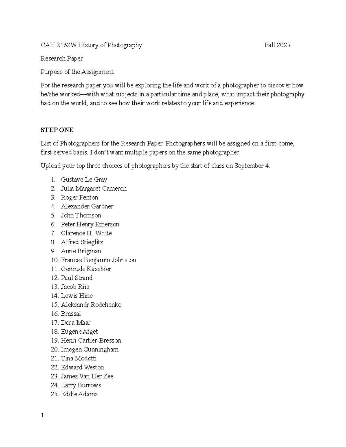 CAH 2162W History of Photography Fall 2025 Research Paper: Step One ...