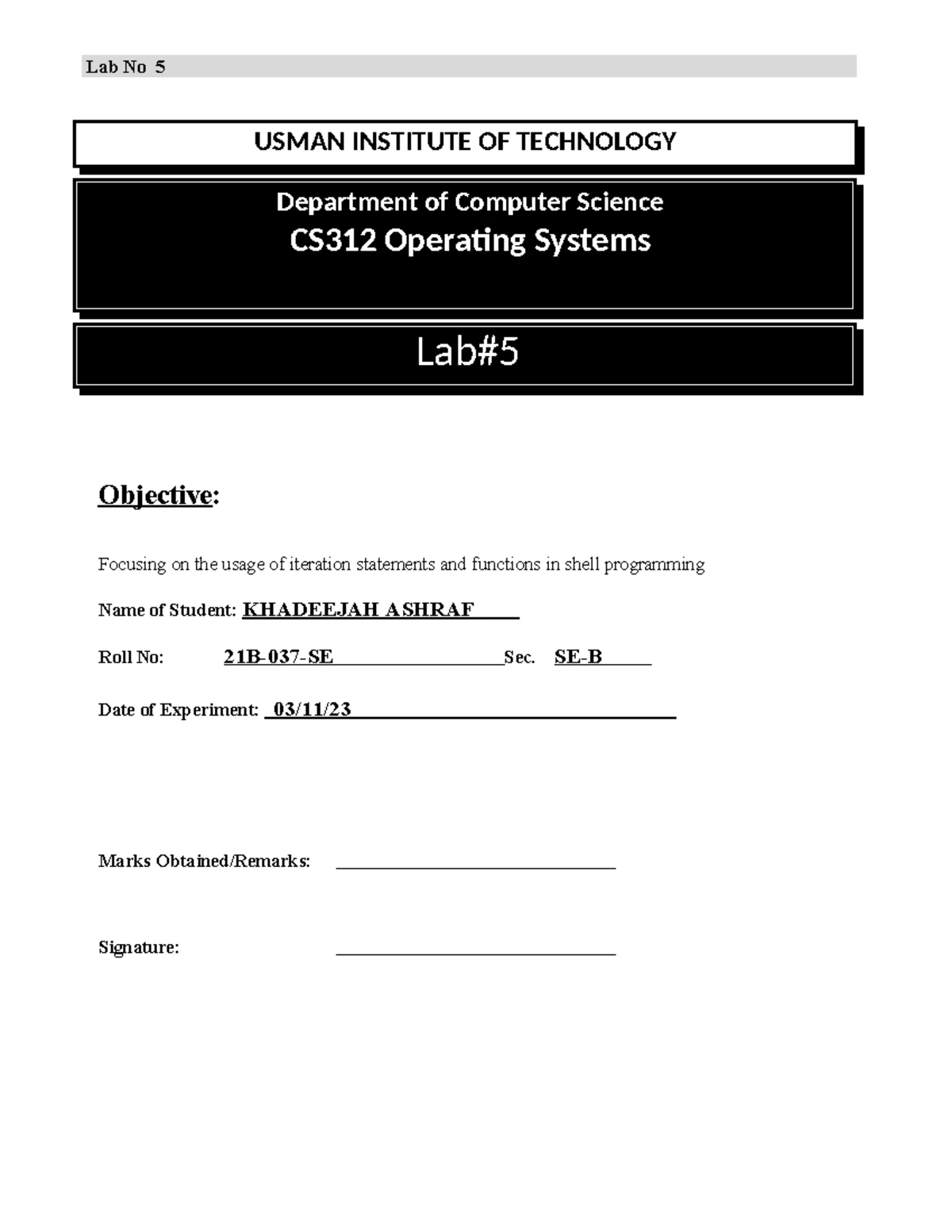OS LAB 6 - LAB 6 exercise - Usman Institute of Technology Department of ...