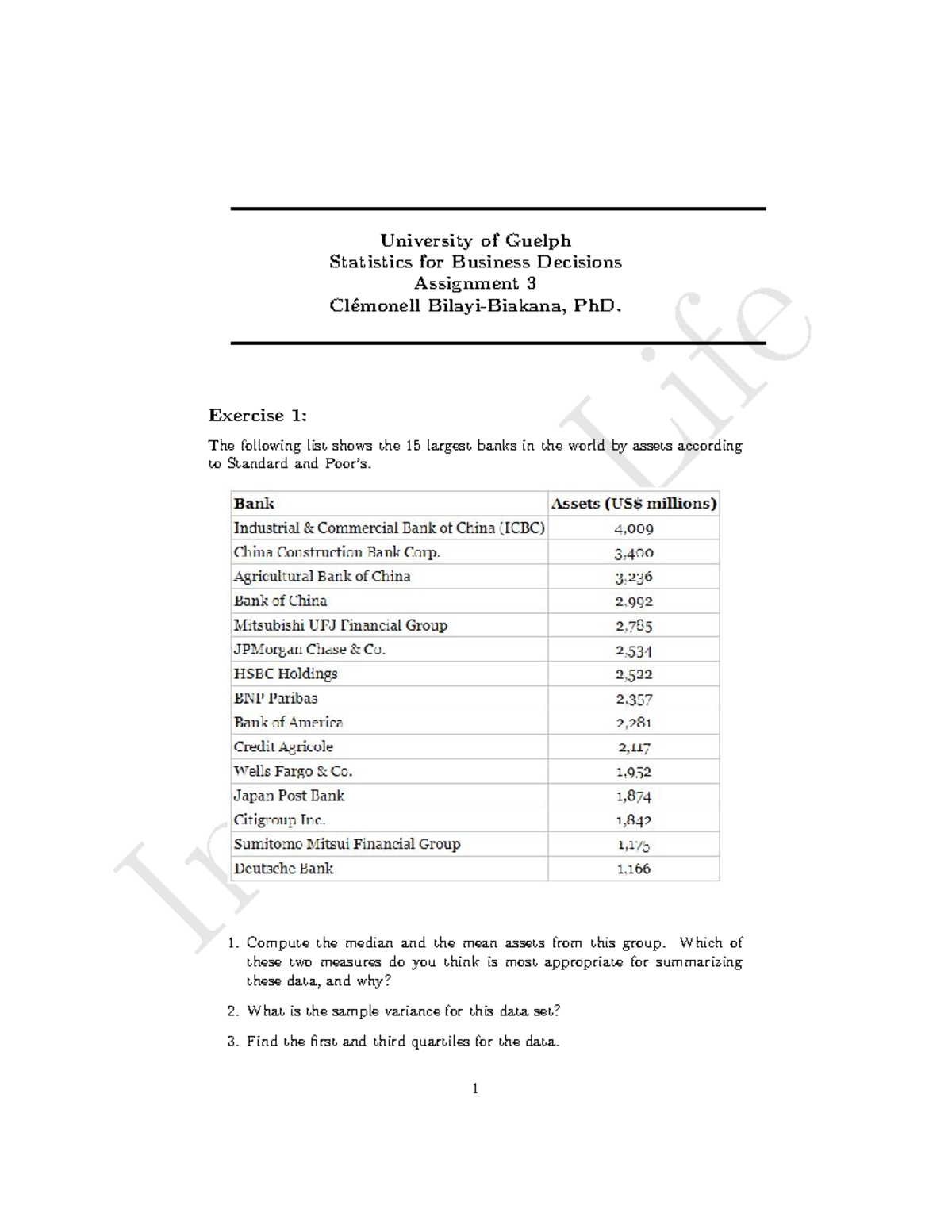 Assignment 3 improve life university of guelph statistics for