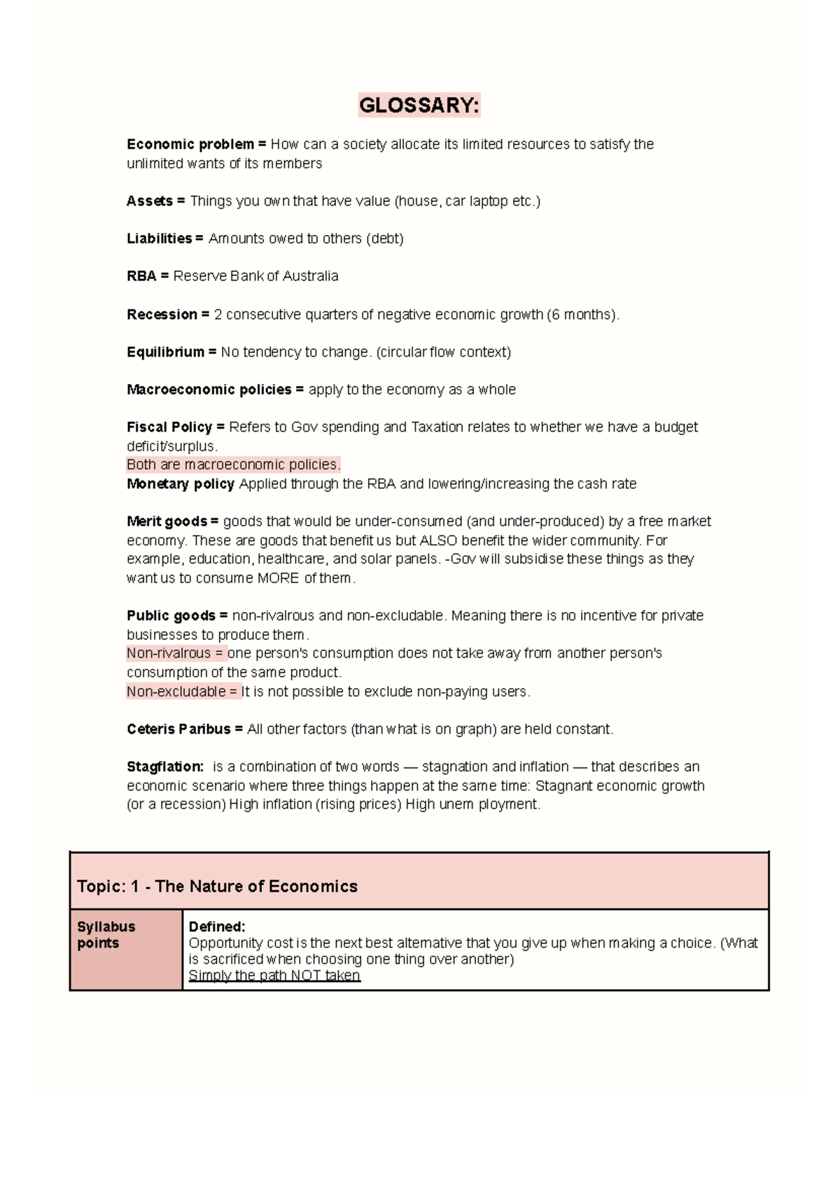 Economics Study Notes: Key Concepts and Terms (ECO101) - Studocu