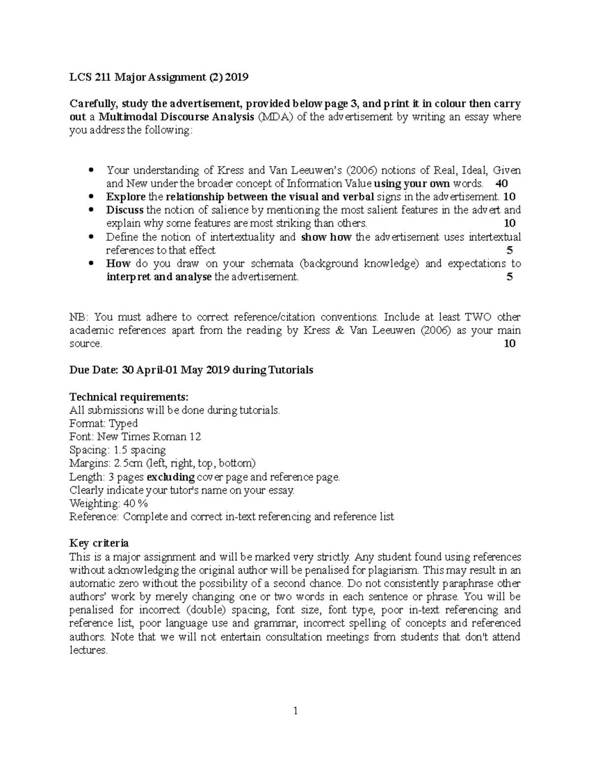 LCS 211 Major Assignment 2: Multimodal Discourse Analysis Essay 2019 ...