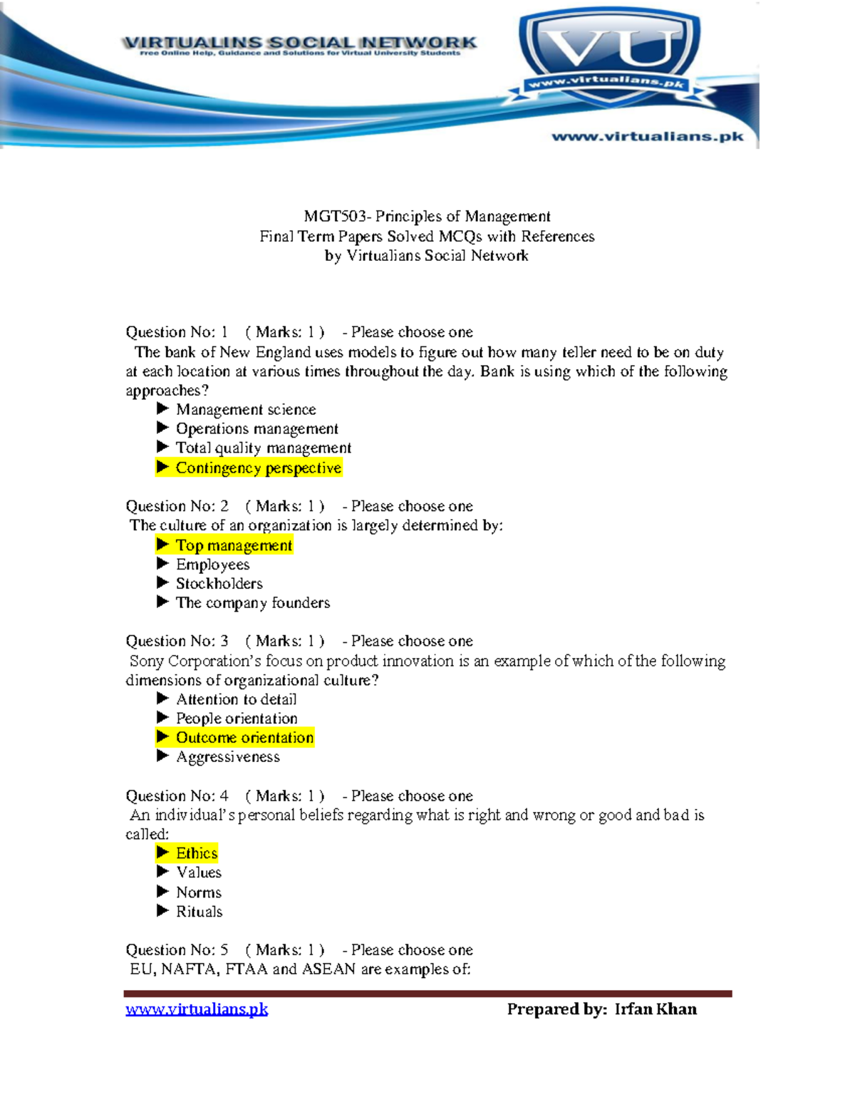 MGT503 Principles of Management Final Term Solved MCQs by Virtualians ...