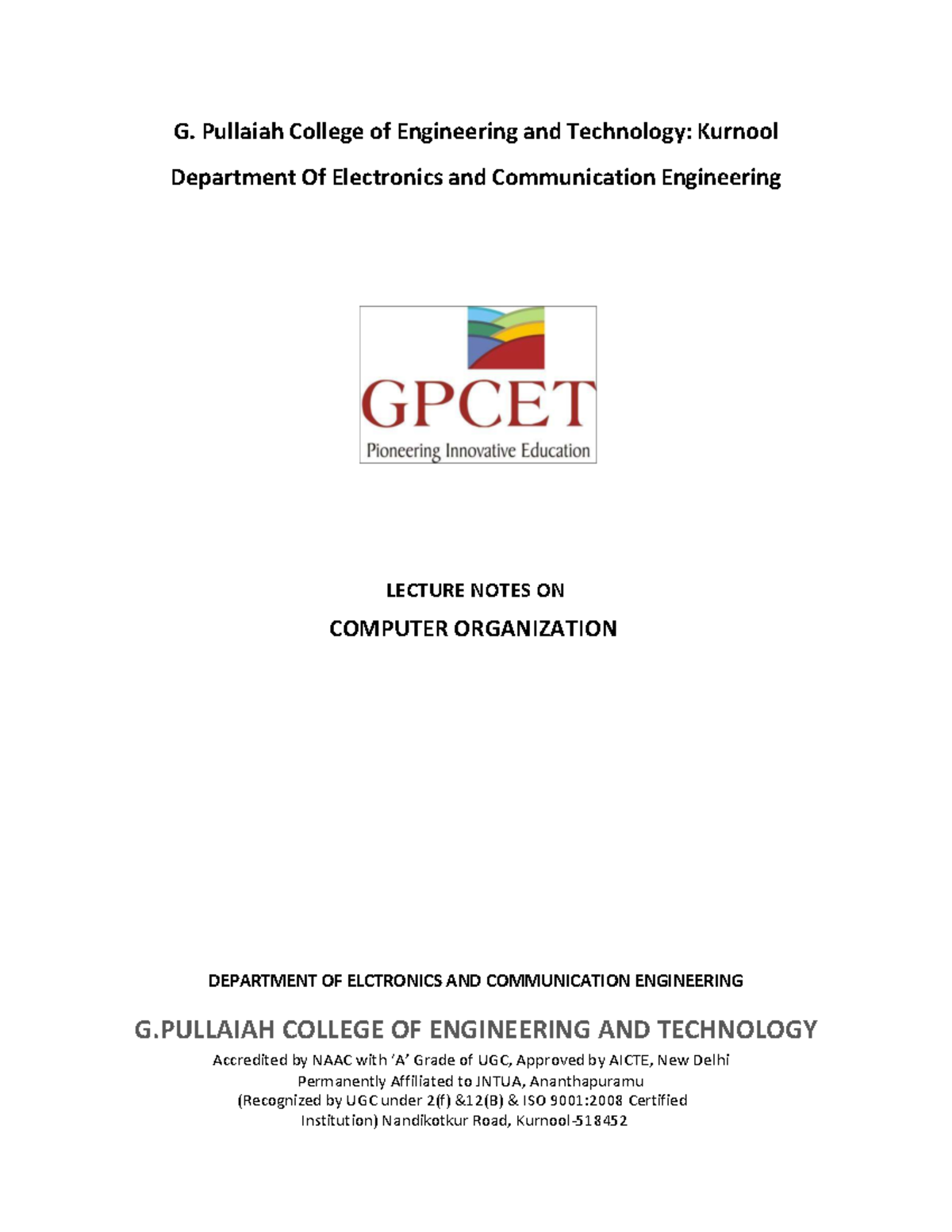 Final Exam Lecture Notes on Computer Organization (CSE 15A05402) - Studocu