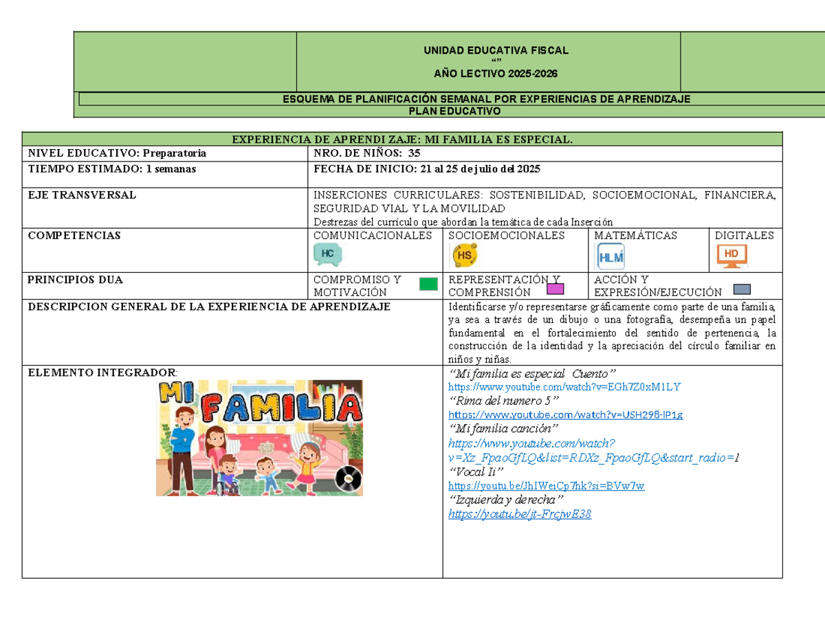 Planificación Semanal: Mi Familia es Especial - Preparatoria - Studocu