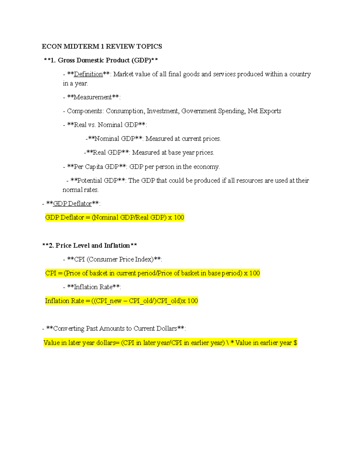 ECON 101 MIDTERM REVIEW: GDP, Inflation, and Unemployment Concepts ...