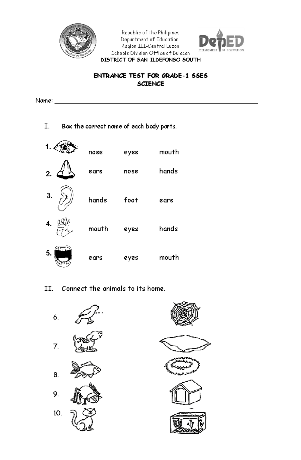 315101895 Grade 1 SSES Science Class Test 2 Instructions & Questions ...