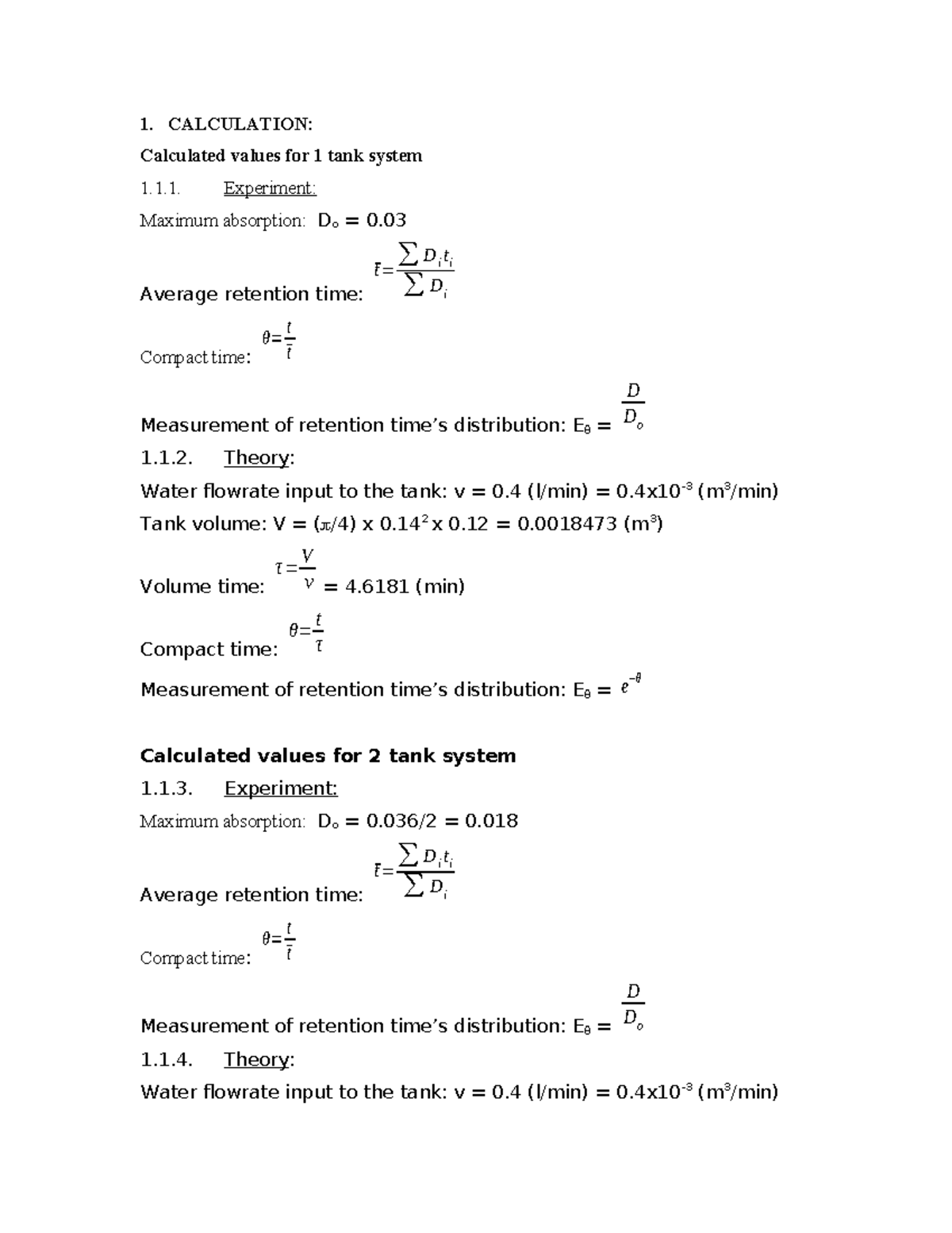 Calculated Values for 1 Tank System - Experiment & Theory - Studocu