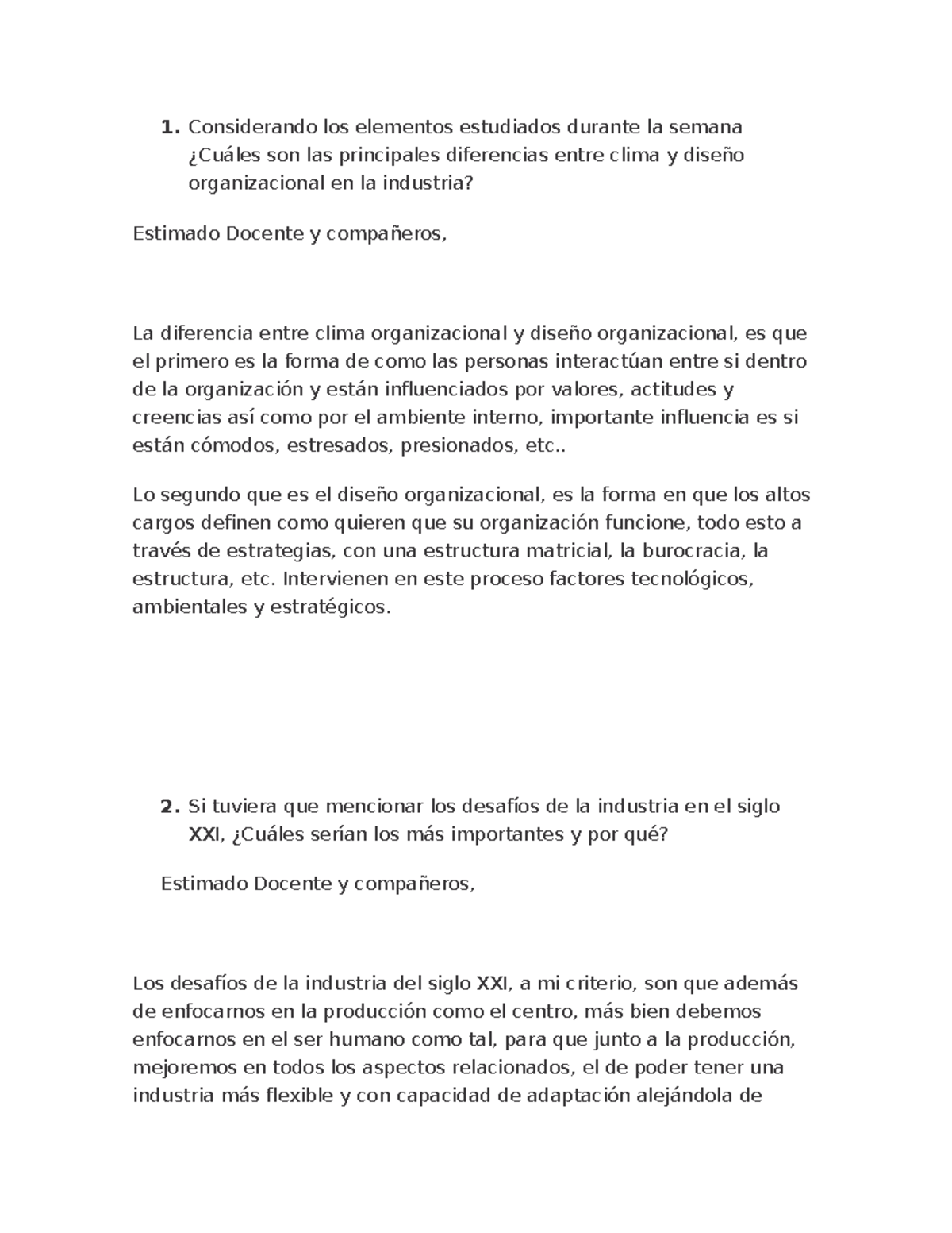 FORO: Clima y Diseño Organizacional en la Industria del Siglo XXI - Studocu