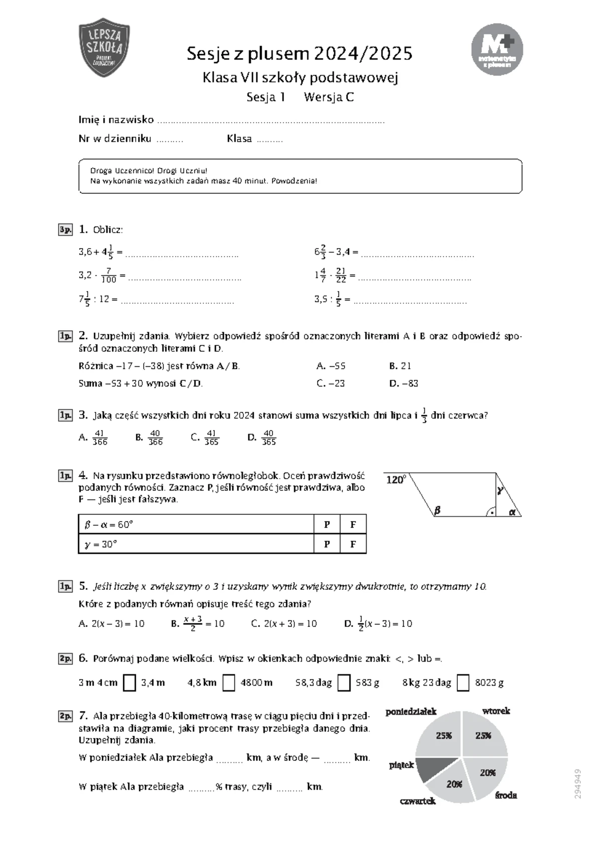 Sprawdzian Nr 1 Klasa 7 Matematyka