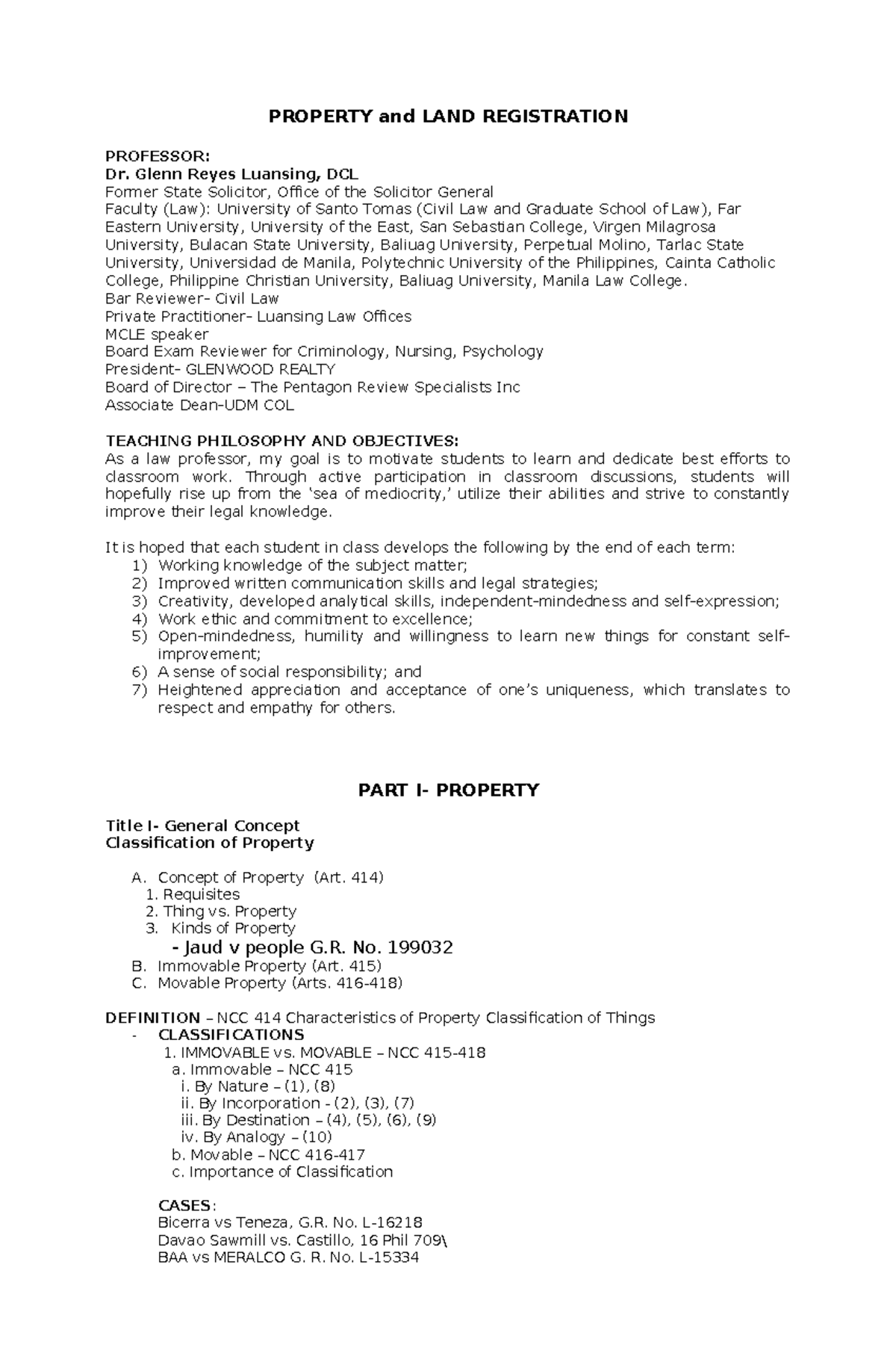 PROPERTY SYLLABUS: LAND REGISTRATION & CIVIL LAW (LAW 101) - Studocu