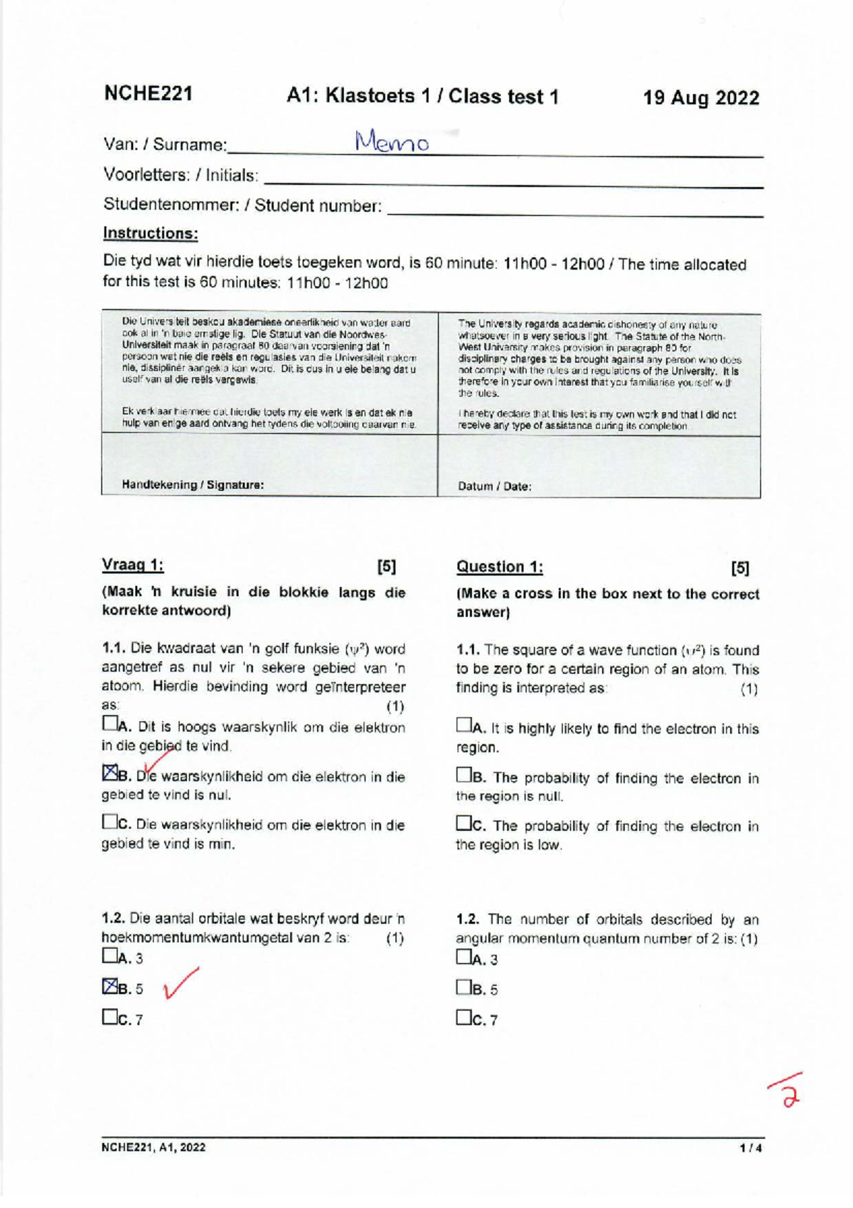 NCHE221 A1: Class Test 1 Memo - 19 Aug 2022 - Studocu