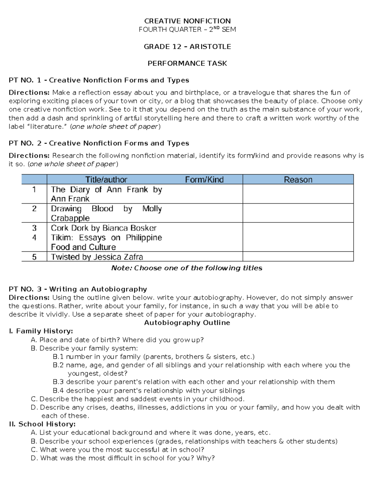 Q4 CREATIVE NONFICTION PERFORMANCE TASK GRADE 12 ARISTOTLE - Studocu