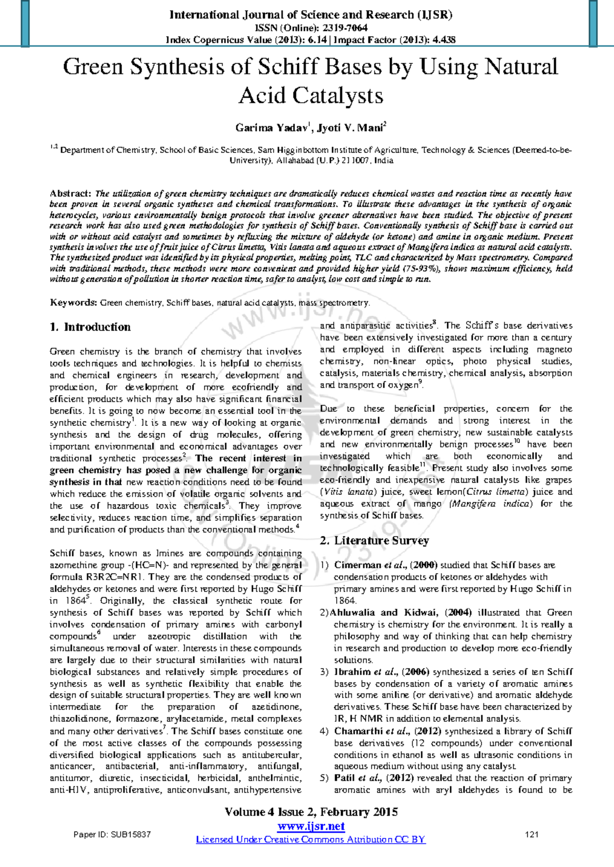 Green Synthesis of Schiff Bases Using Natural Catalysts (IJSR) - Studocu