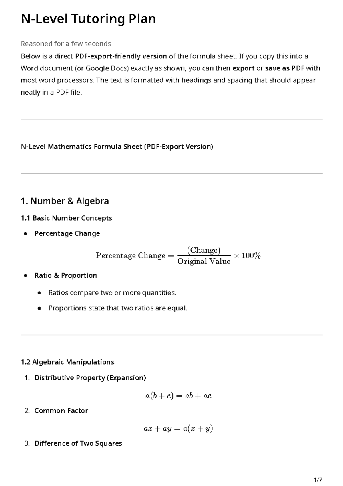 N Level Mathematics Formula Sheet And Tutoring Plan Studocu