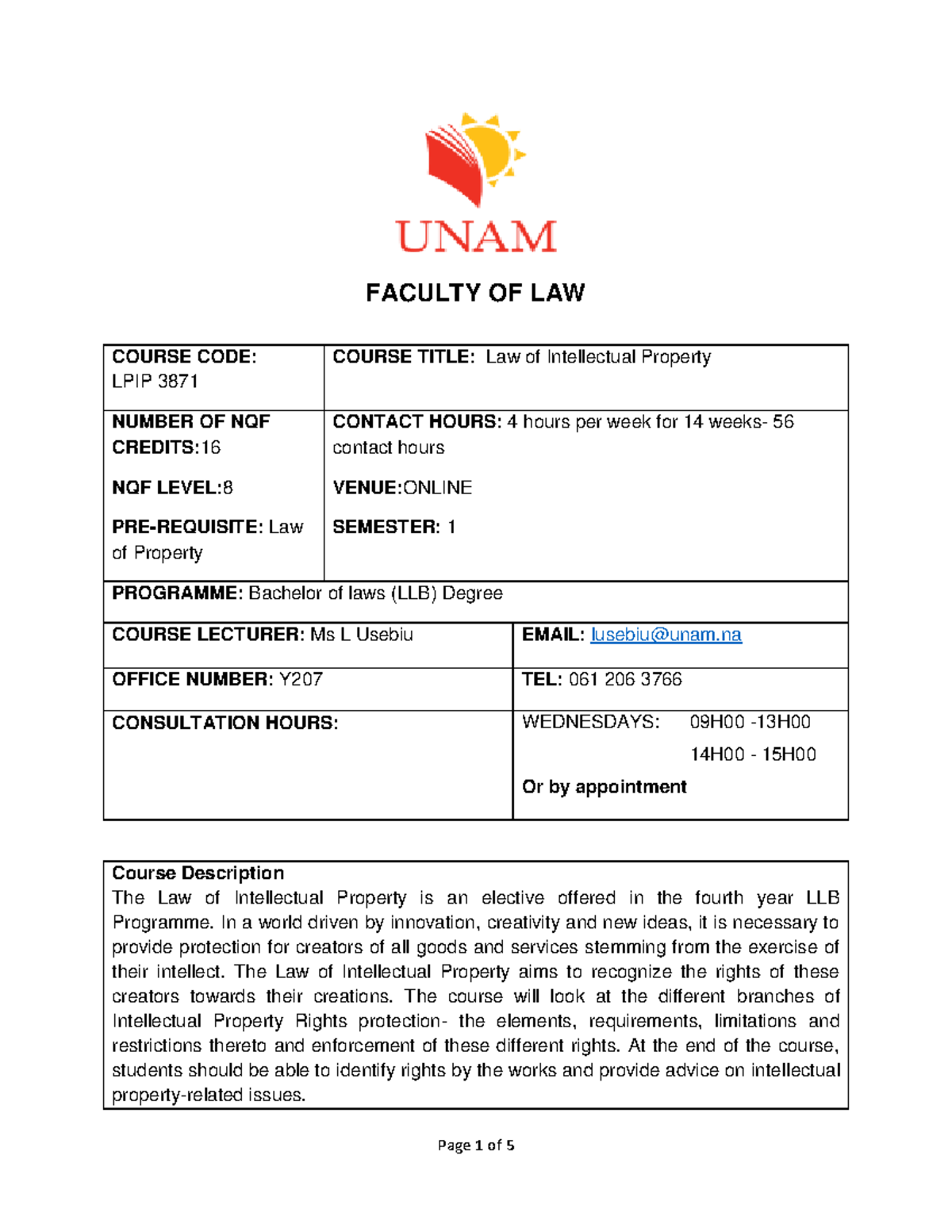 Intellectual Property law course outline - FACULTY OF LAW COURSE CODE ...