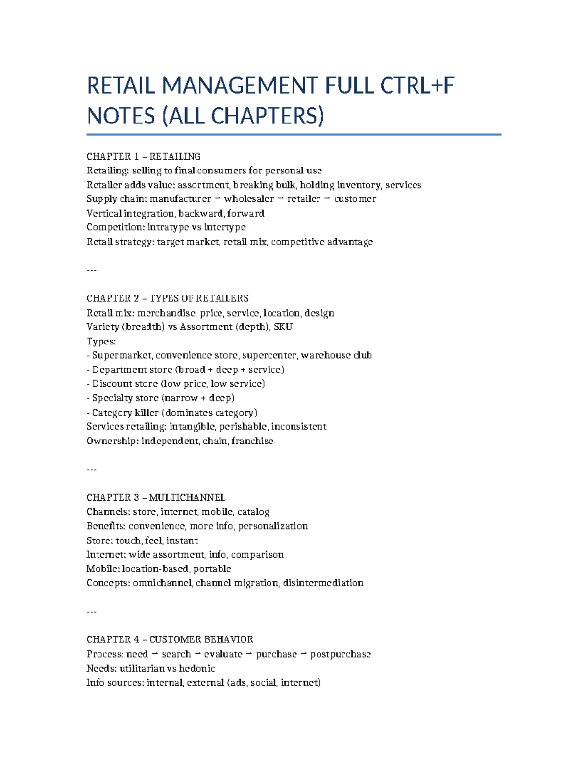 RETAIL MANAGEMENT FULL NOTES (ALL CHAPTERS) - CHAPTER 1 OVERVIEW - Studocu